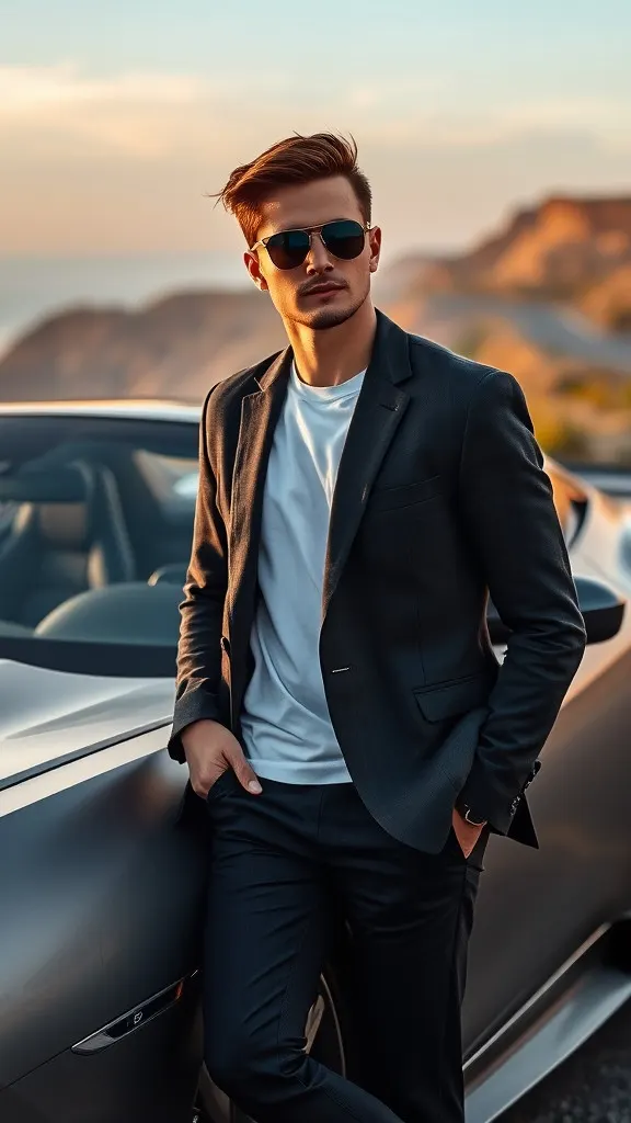 AI-generated image: A confident young man leaning against a modern sports car on a scenic coastal cliff road at sunset.