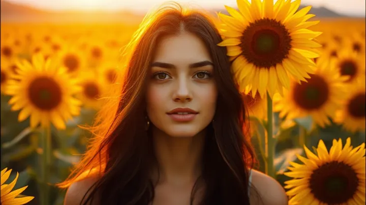 AI-generated image: A woman in a field of sunflowers during golden hour, in a film photo style.
