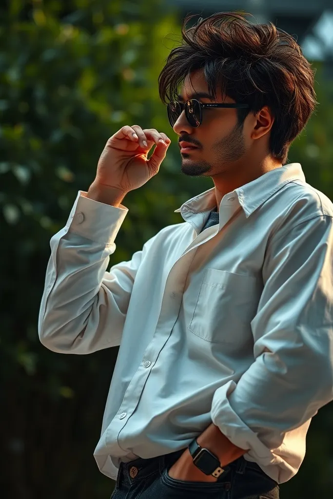 AI-generated image: A cinematic portrait with a person wearing sunglasses, messy hair, and a white shirt, standing in front of a lush urban greenery background.