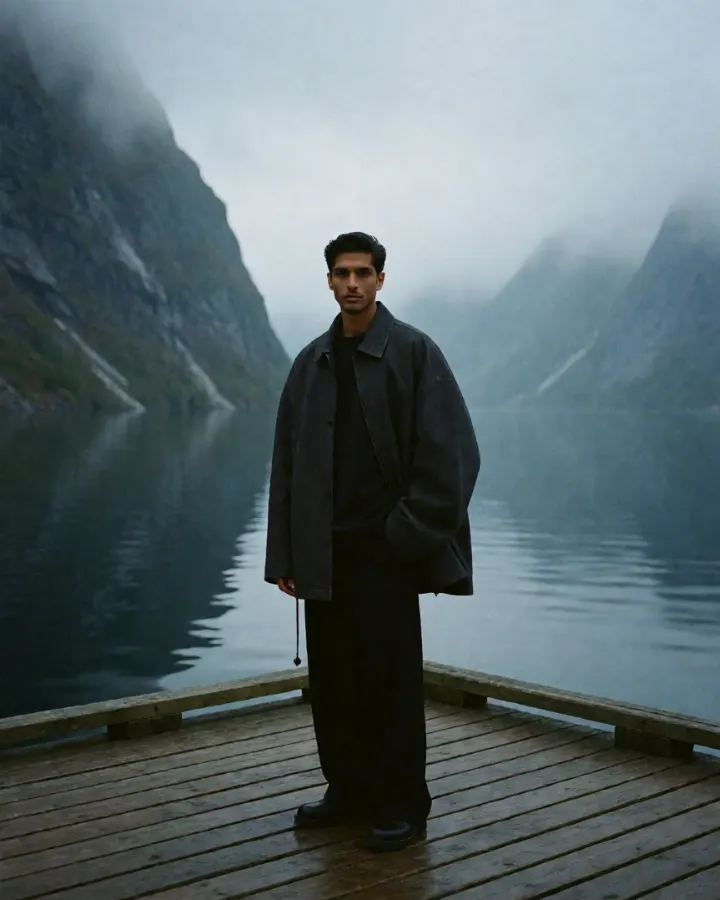 AI-generated image: A fashionable young Indian man standing on a weathered pier surrounded by a Nordic fjord.