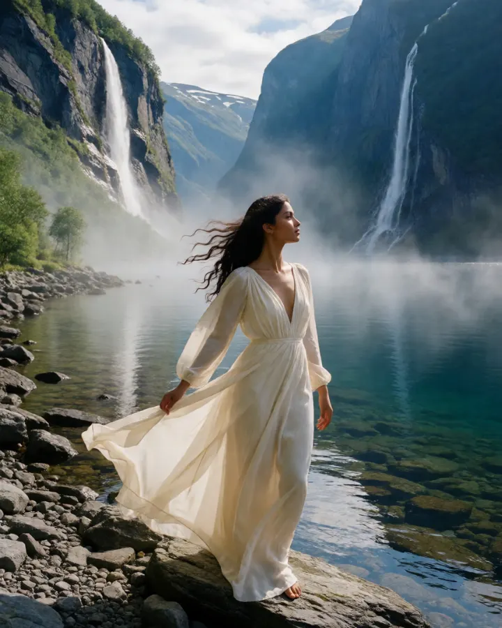 AI-generated image: A beautiful Indian young woman wearing a flowing ivory dress, standing on a rocky shoreline overlooking a majestic Norwegian fjord.