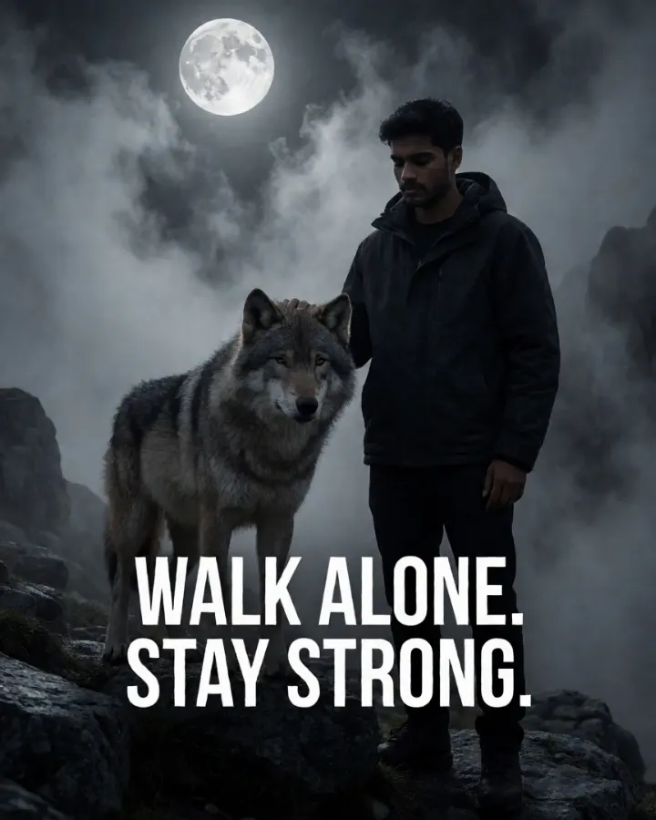 AI-generated image: A lone wolf standing on a rocky mountain beneath a full moon with a young Indian man's hand in the fox's head.