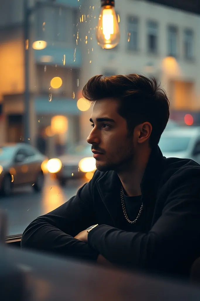 AI-generated image: A young man sitting in a cozy coffee shop on a rainy evening, looking out the window.