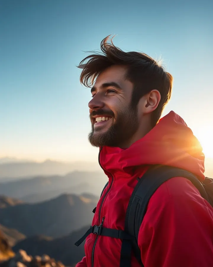 AI-generated image: A rugged young man with a beard and messy hair, wearing a red technical hiking jacket and backpack, smiling at the horizon on a mountain peak at sunrise.