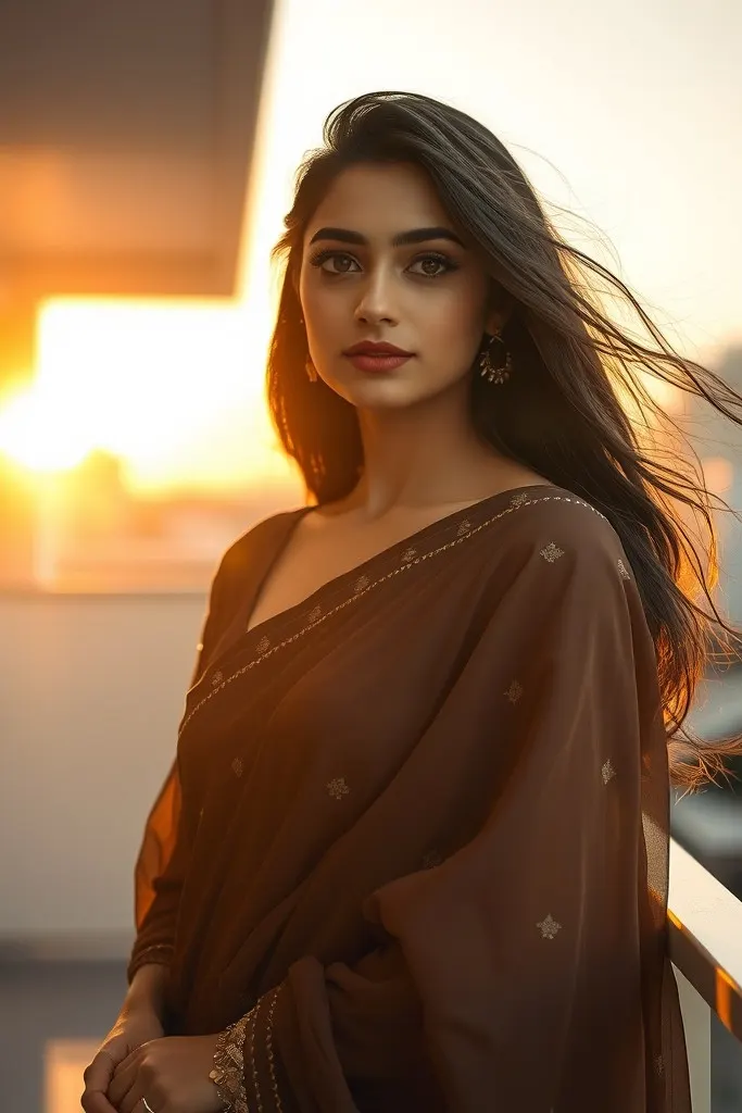 AI-generated image: A young South Asian woman wearing a modern saree, standing on a balcony during golden hour.