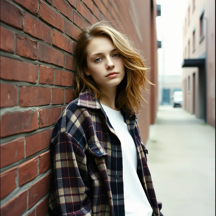 AI-generated image: An authentic 1990s grunge portrait of a young woman with messy layered hair, wearing an oversized plaid flannel overshirt and a white tee.