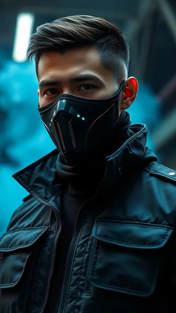 AI-generated image: A young man wearing a multi-pocket tactical black jacket and a sleek black mask, in a dark industrial background with steel girders and neon blue atmospheric smoke.