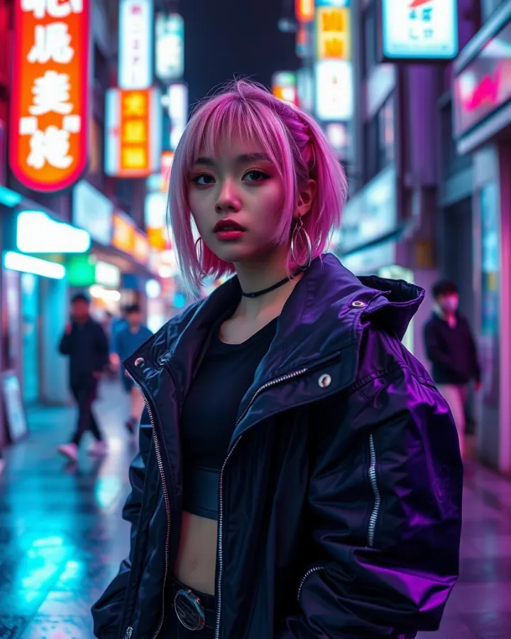 AI-generated image: A young woman with pastel pink hair in a Tokyo alleyway at night, under heavy neon signs.