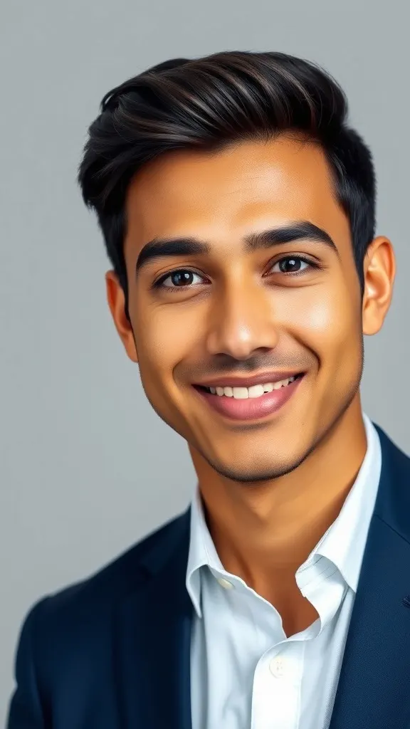 AI-generated image: A young South Asian man in a navy blue suit, with a light gray background and Rembrandt lighting.