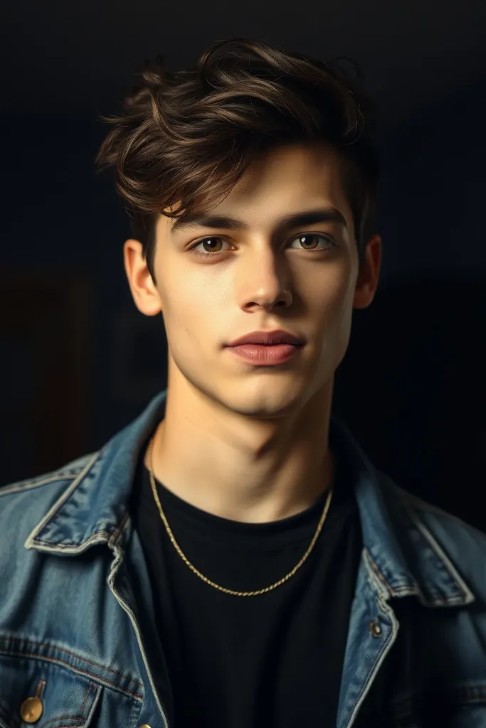 AI-generated image: A handsome young man with a casual, confident expression, captured with a Y2K digital camera flash and early digital camera color grading.