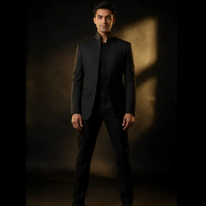 AI-generated image: A young Indian adult in a sophisticated black outfit, standing against a luxurious dark background.