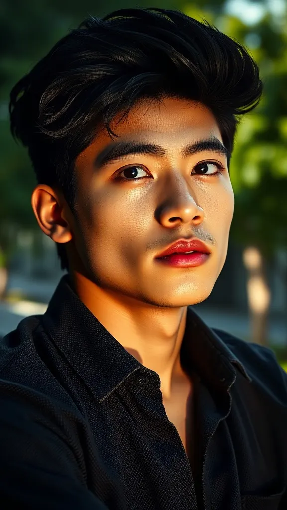 AI-generated image: A high-quality portrait of a stylish young man with voluminous, textured black hair, illuminated by a sharp diagonal light beam.