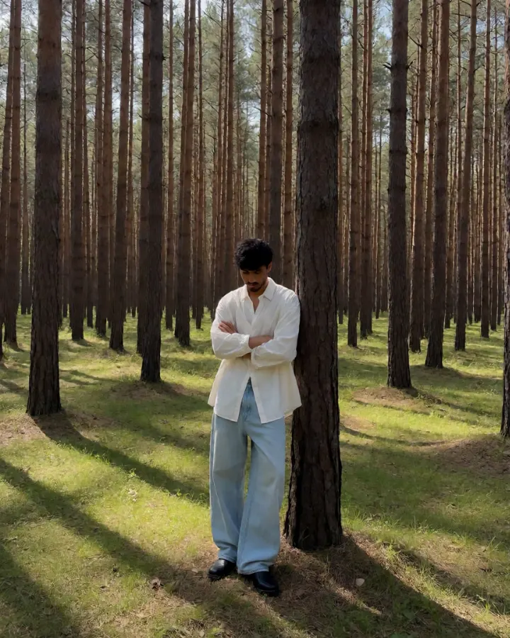 AI-generated image: A young Indian male model standing in a pine forest during daylight.