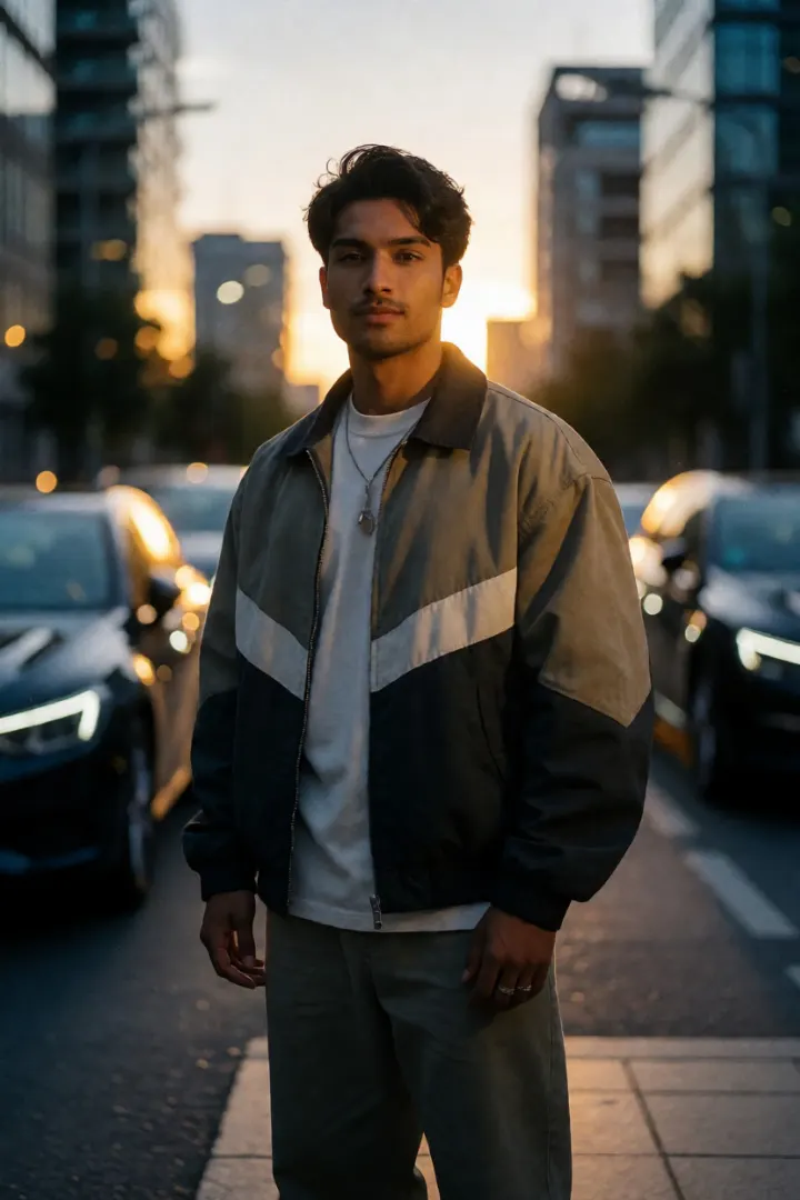 AI-generated image: A photorealistic cinematic portrait of an Indian young adult standing in a modern city street during sunset.