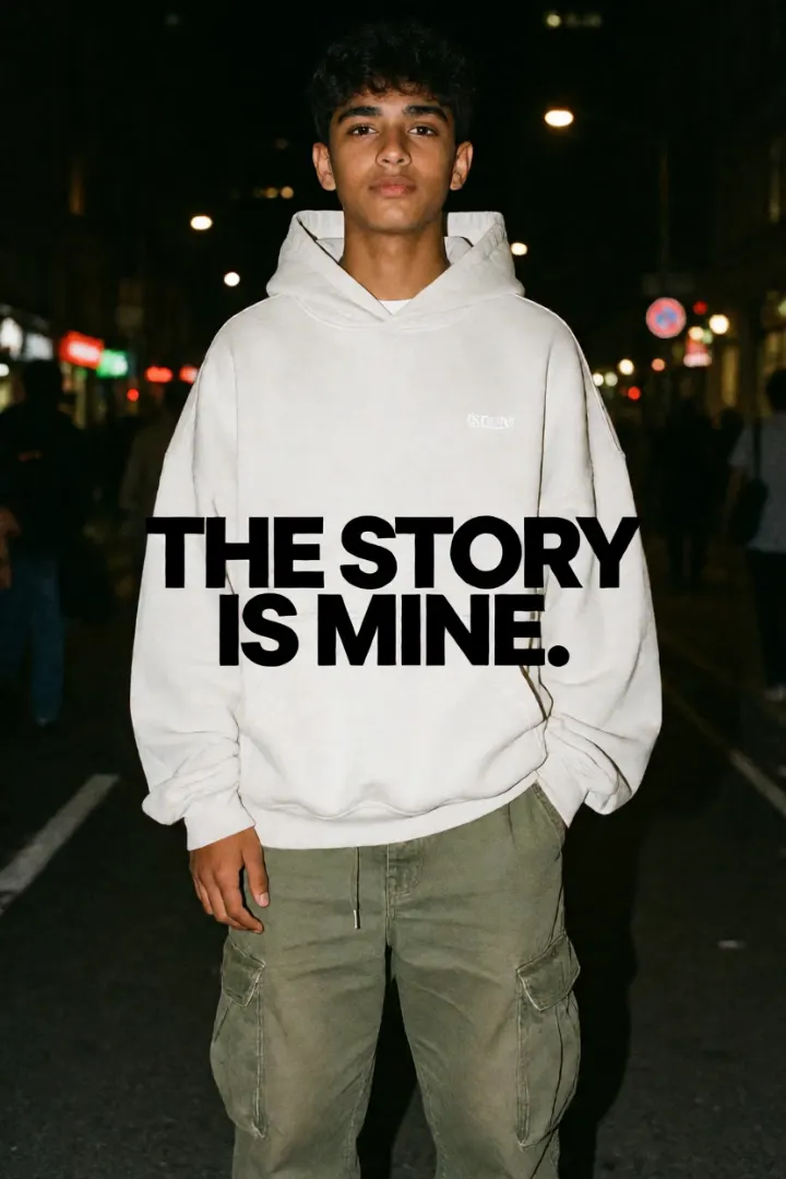 AI-generated image: A confident young Indian boy in trendy streetwear, photographed at night with direct flash and grainy film texture.